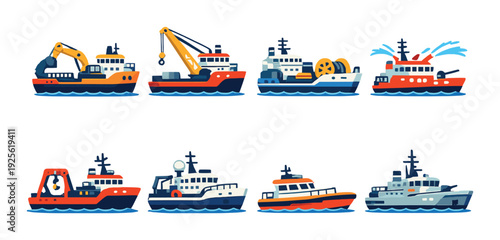Fleet of industrial service and rescue vessels on open sea