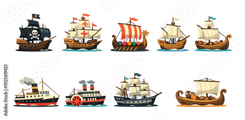 Ten cartoon ships arranged in two rows on dark background