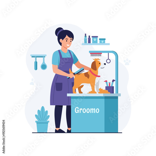 Professional groomer brushing a happy dog on a grooming table, pet care concept