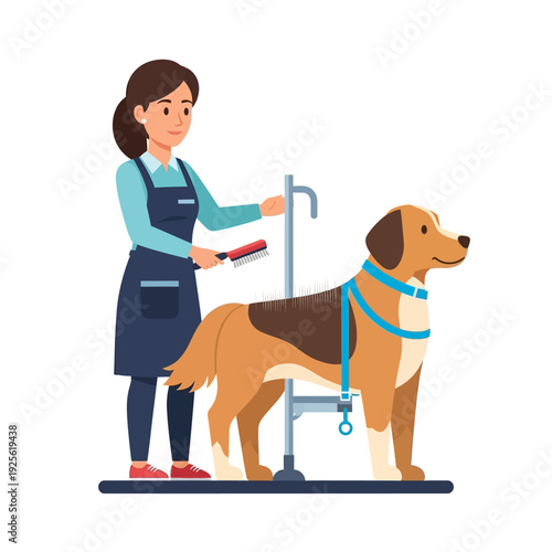 Professional groomer brushing a happy dog on a grooming table, pet care, grooming salon