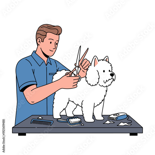 Professional groomer cutting white dog's fur on grooming table with tools