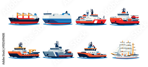 Assorted research and cargo vessels displayed on open water