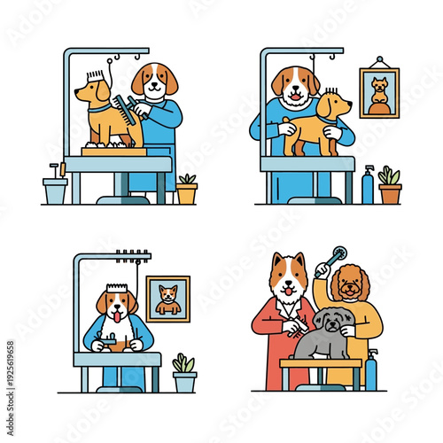 Dog grooming salon: four scenes of professional pet care, bathing, brushing, and styling