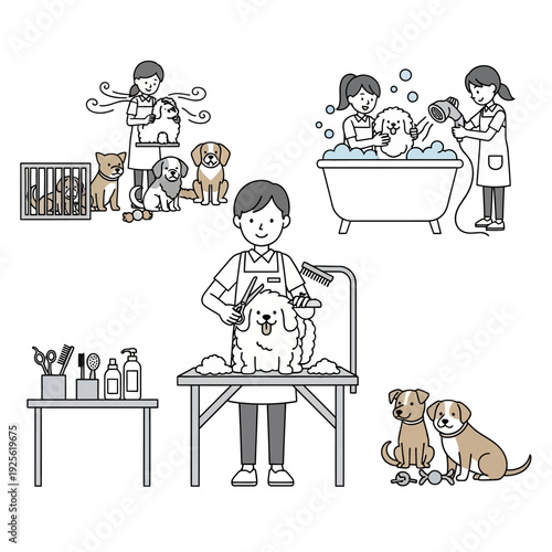 Dog grooming salon scenes: bathing, drying, cutting, and resting dogs with groomers