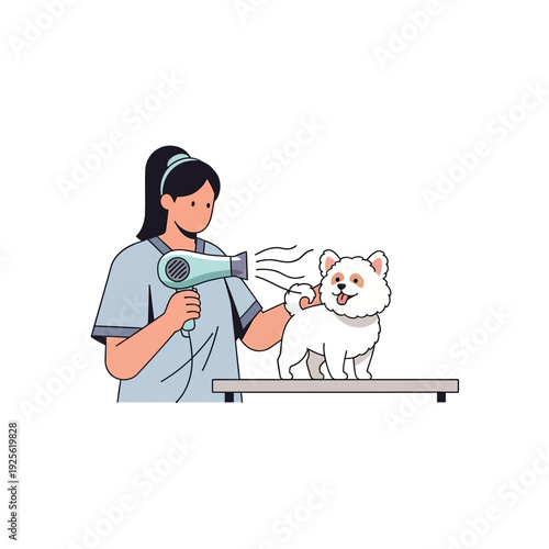Groomer drying a fluffy white dog with a hairdryer on a grooming table