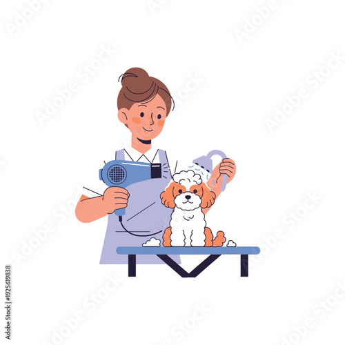 Groomer drying a small dog with a hairdryer on a grooming table