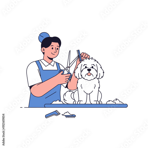 Groomer cuts fluffy white dog's hair with scissors and comb, pet care, grooming salon