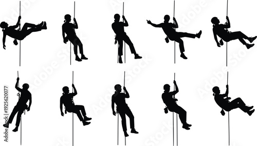 Rappelling silhouettes, rope climbing figures, adventure sport icons, harness safety, helmet gear, descent ascent techniques, outdoor climbing illustration
