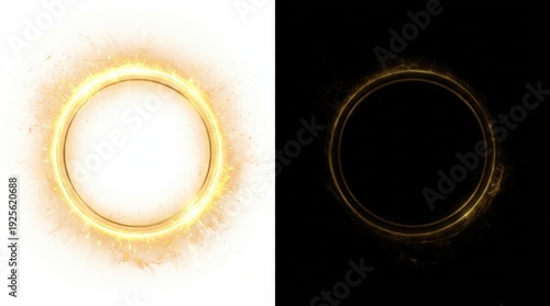 Golden luminous ring with sparkling particles against white and black backgrounds