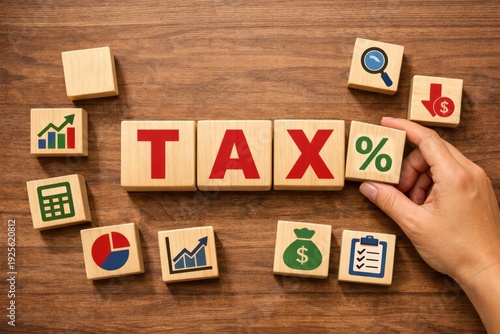 Financial Calculation and Taxes: A hand carefully arranging wooden blocks to spell TAX, surrounded by financial symbols.