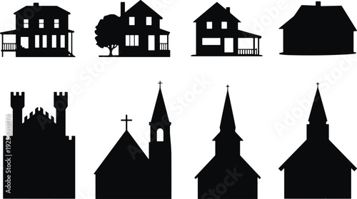 Residential houses and church buildings silhouette set, black architecture icons isolated on white background, vector illustration collection