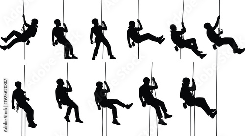 Rope climbing silhouettes, rappelling figures, harness safety, helmet gear, adventure sport icons, descent ascent techniques, outdoor rescue illustration