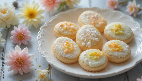 Easter egg-shaped cookies on a white plate with spring flowers and pastel decorations