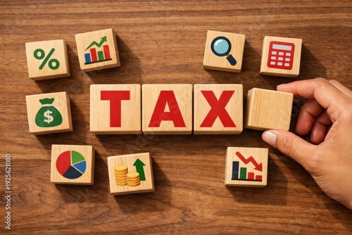 Taxation Concept on Wooden Blocks: A hand strategically positions a wooden block, completing the word TAX alongside other blocks representing financial concepts, set against a warm, wooden backdrop.
