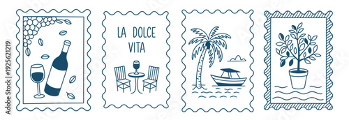Set of four charming hand-drawn Italian-themed stamp illustrations, featuring wine, grapes, a cafe scene with 'La Dolce Vita', a tropical beach with a boat, and a potted plant.