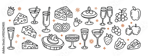 Artistic hand-drawn vector icons showcasing a delightful spread of desserts, fruits, cheeses, and celebratory drinks like champagne and cocktails, perfect for parties and gourmet occasions.