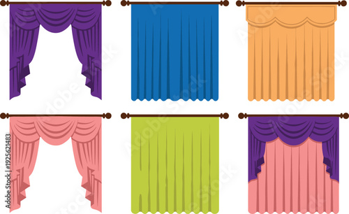 Set of decorative window curtains and drapes collection, colorful fabric interior design elements isolated on white background, flat vector illustration