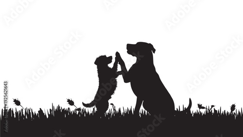 Dogs playing silhouette with puppy and adult dog high-fiving in grass field, black cutout shapes on white background, pet friendship and playful interaction scene