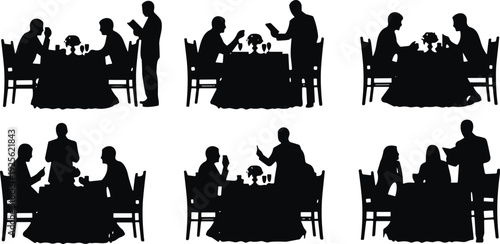 Restaurant dining silhouette set, couple and waiter serving at table romantic dinner black vector illustration isolated
