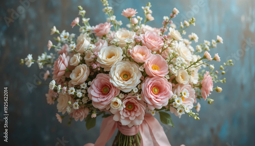 Pastel ribbons decorating a bouquet of spring flowers
