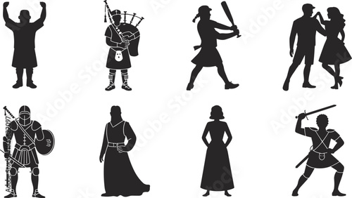 Silhouette costumes, Scottish tradition, bagpiper, kilt dancer, baseball stance, medieval knight, noblewoman, warrior, sword, shield, cultural heritage, ballroom dance, historical attire