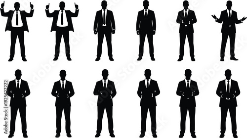 Businessman silhouette set vector illustration, corporate male manager poses collection, black suit executive isolated on white background