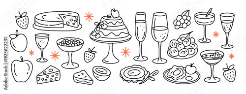 Whimsical hand-drawn vector set of party treats and drinks, showcasing elaborate cakes, cheese wedges, fresh fruits, and elegant champagne flutes for joyous events.