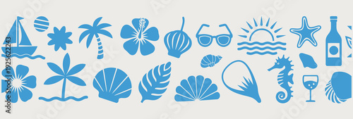 Vibrant blue silhouette icons representing a tropical beach vacation: sailboat, palm trees, hibiscus flowers, seashells, sunglasses, sun, starfish, seahorse, and wine glass.