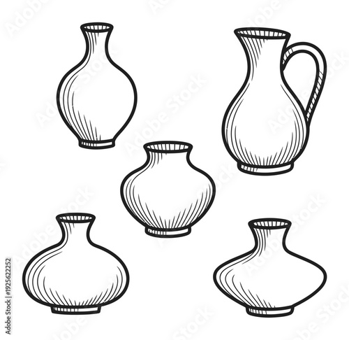 Collection of five hand-drawn ceramic vases and jugs in black and white