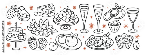 Charming hand-drawn assortment of party food and beverages, including tiered cakes, grapes, strawberries, cheese platters, and sparkling wine glasses, ideal for festive occasions.