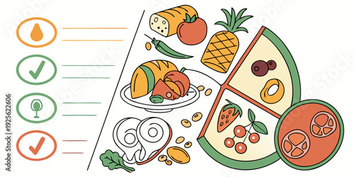 Visual representation of healthy dietary components and their benefits for the body