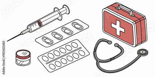Medical supplies and tools displayed for healthcare or first aid purposes