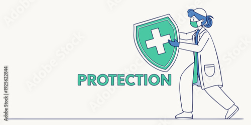 Healthcare professional symbolizing protection with a shield and cross emblem