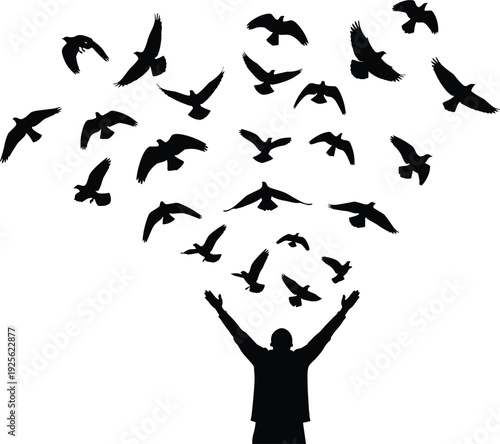 Silhouette person with raised arms, flock of birds flying outward, freedom, hope, release, spirituality, uplifting nature illustration