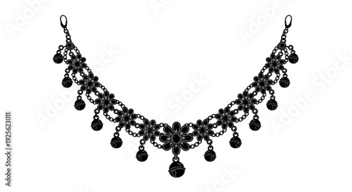 An ornate black necklace with floral and droplet details displayed as a striking silhouette on transparent background high quality