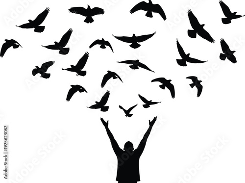 Silhouette person with raised arms, flying birds, freedom concept, liberation illustration, inspirational design, nature metaphor, vector art