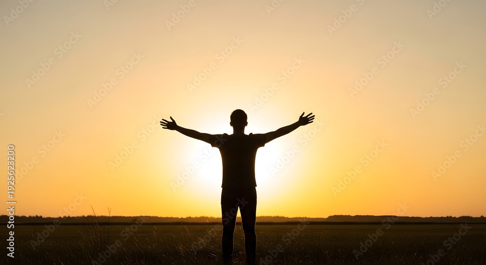 Fototapeta premium Silhouette of Man with Open Arms at Golden Sunset in Open Field