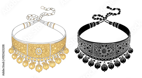 Detailed depictions of ornate golden and silver chokers with dangling pendants on transparent background silhouette high quality professional detailed