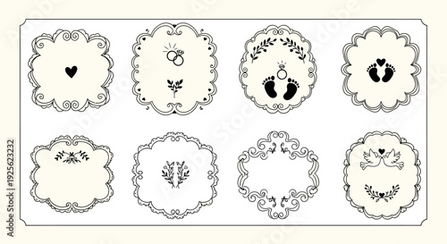 A collection of eight ornate decorative frames featuring baby related imagery on transparent background silhouette high quality professional detailed modern