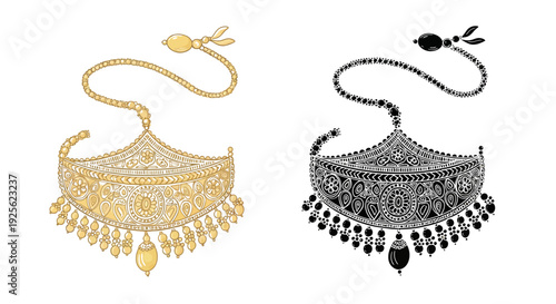 Two ornate golden and black necklaces with delicate designs are displayed ideal for design projects on transparent background silhouette