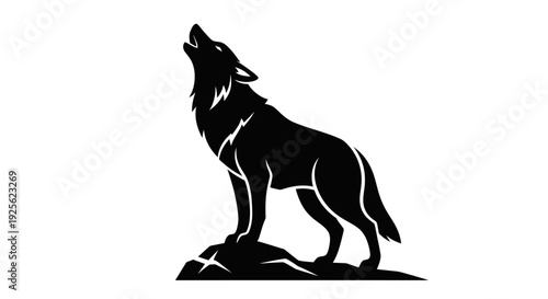 Black Silhouette Wolf Howling on Rock.