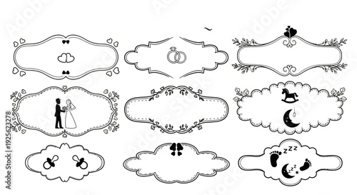 A collection of ornate black wedding frames and symbols ideal for invitations on transparent background silhouette high quality professional