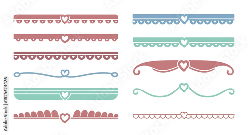 A collection of decorative borders featuring hearts in red teal and grey on transparent background silhouette high quality professional