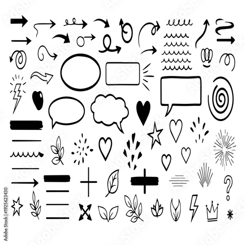 Collection of hand drawn chat bubbles arrows and symbols