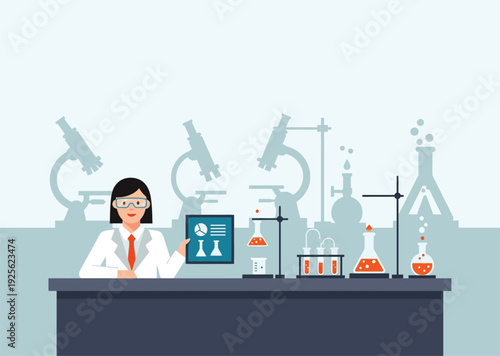 Female scientist working in a laboratory setting with various equipment