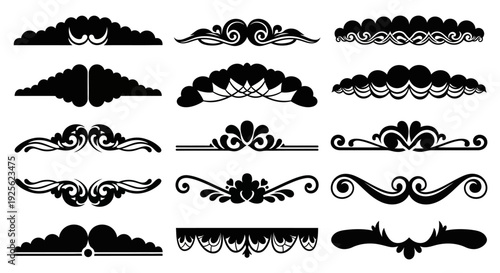 A collection of ornate black floral and decorative border elements presented as a silhouette on transparent background high quality