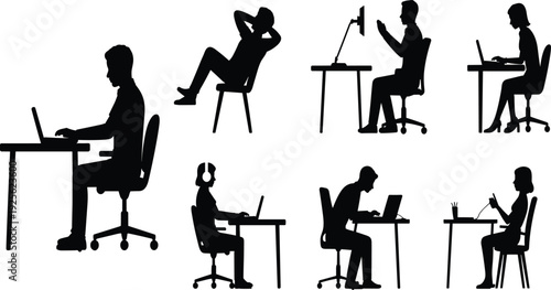 Silhouette workers, desk activities, laptop users, study posture, office ergonomics, productivity, remote work, writing, drawing, focus, concentration, relaxation, headphones, technology, workplace