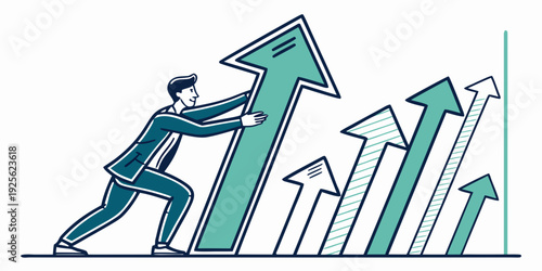 Business professional pushing upward trend arrows to illustrate growth and success