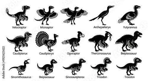 Collection of Various Dinosaur Silhouettes and Illustrations.