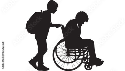 Wheelchair silhouette pushed by caregiver with backpack, patient seated in profile, disability assistance concept, healthcare support, mobility aid icon isolated